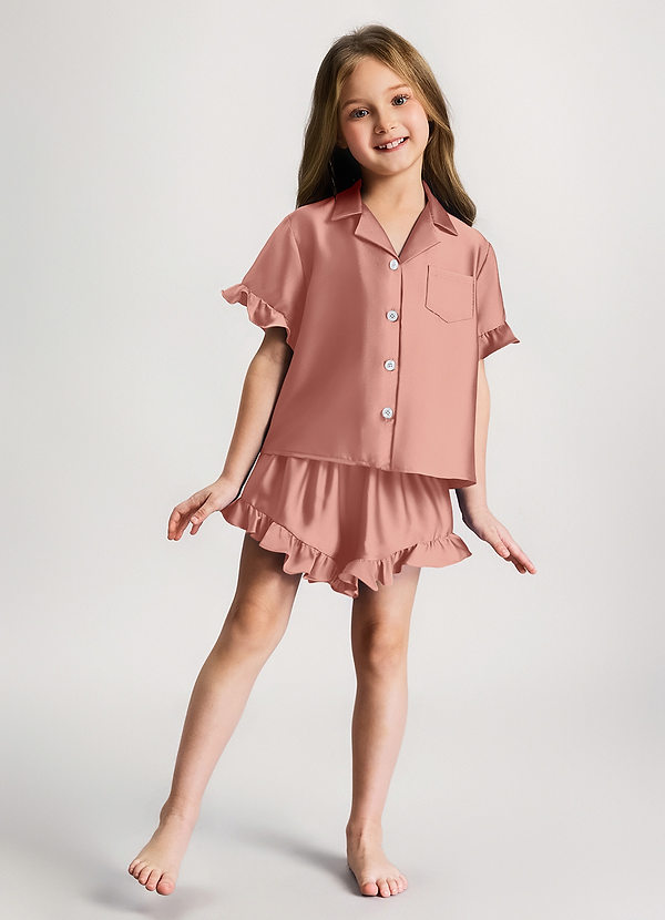 front Rosettenrosa Mädchen-Pyjama-Set mit Rüschen und kurzen Ärmeln