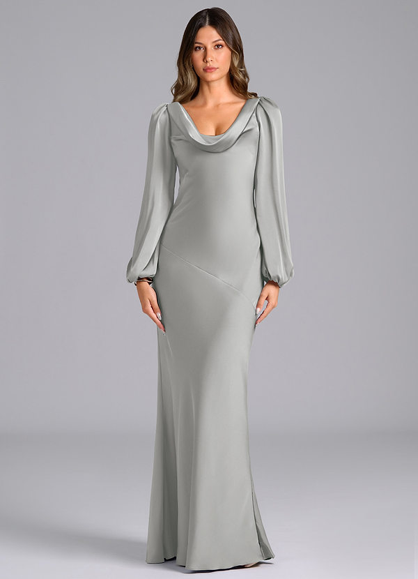 Azazie Melani 신부 들러리 드레스 인어 긴팔 스트레치 새틴 바닥 길이 드레스 image1