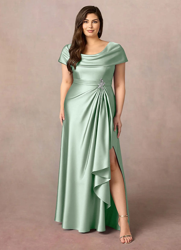 Azazie Branford Mother of the Brides Dresses Agave A-Line Pleated Stretch Satin Dress image1