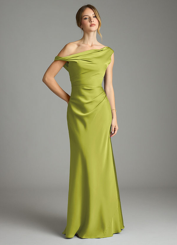 Azazie Emerson Robes Demoiselle d'honneur Robe Sirène en Satin extensible Épaule décolletée Citronnelle image1