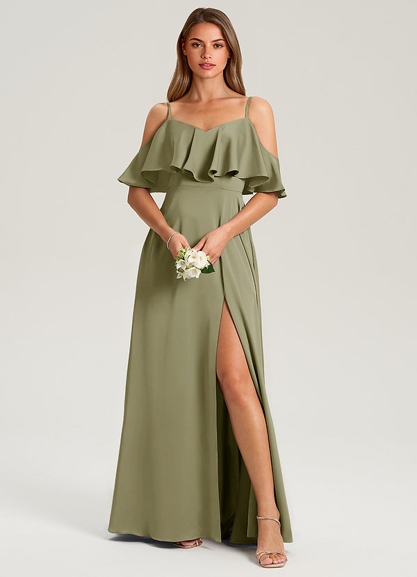 Azazie Jean Bridesmaid Dresses Pistachio A-Line Off the Shoulder Stretch Satin Dress image1