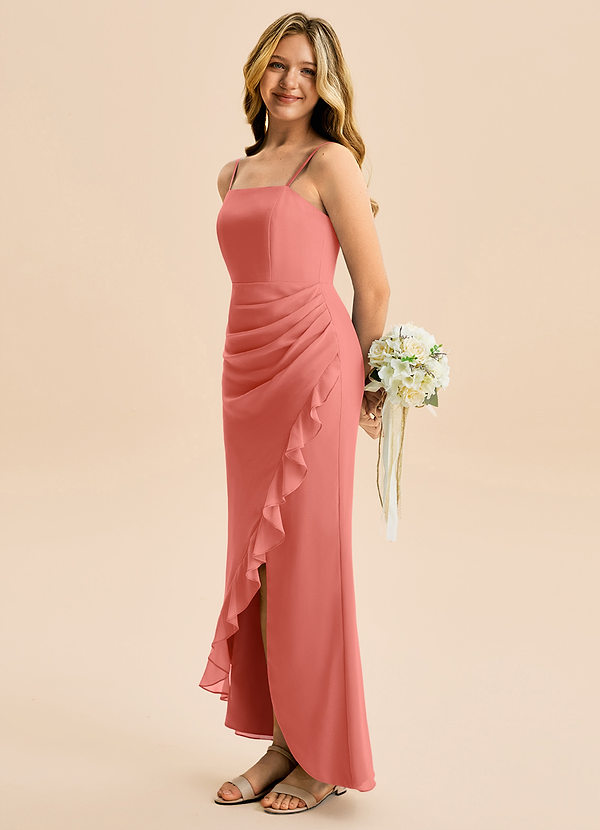 Azazie Buzzy Junior Salmon Pink Sheath Pleated Chiffon Dress image1