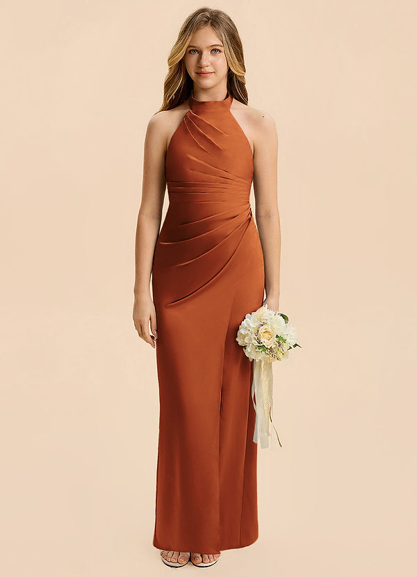 Azazie Jemma Junior Cinnamon Sheath Ruched Stretch Satin Dress image1