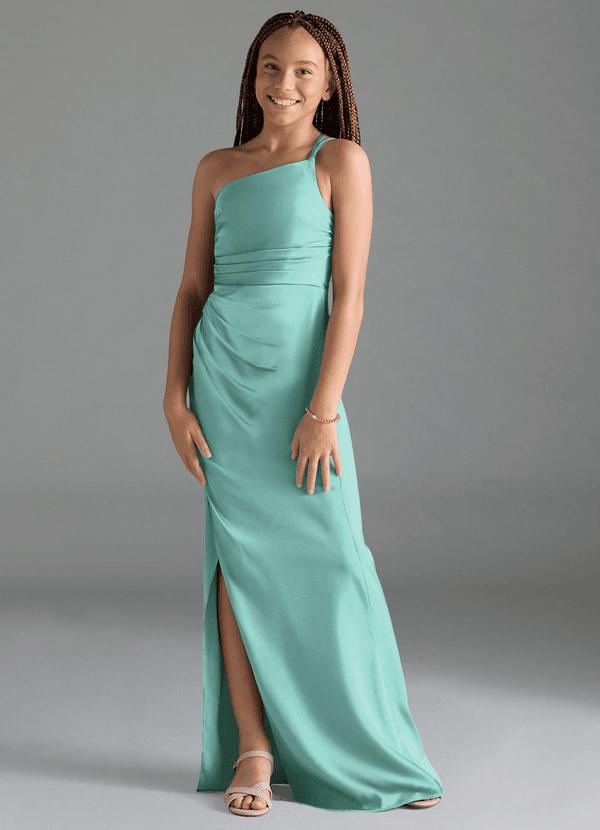 Azazie Eren Junior Aqua Sheath Pleated Stretch Satin Dress image1