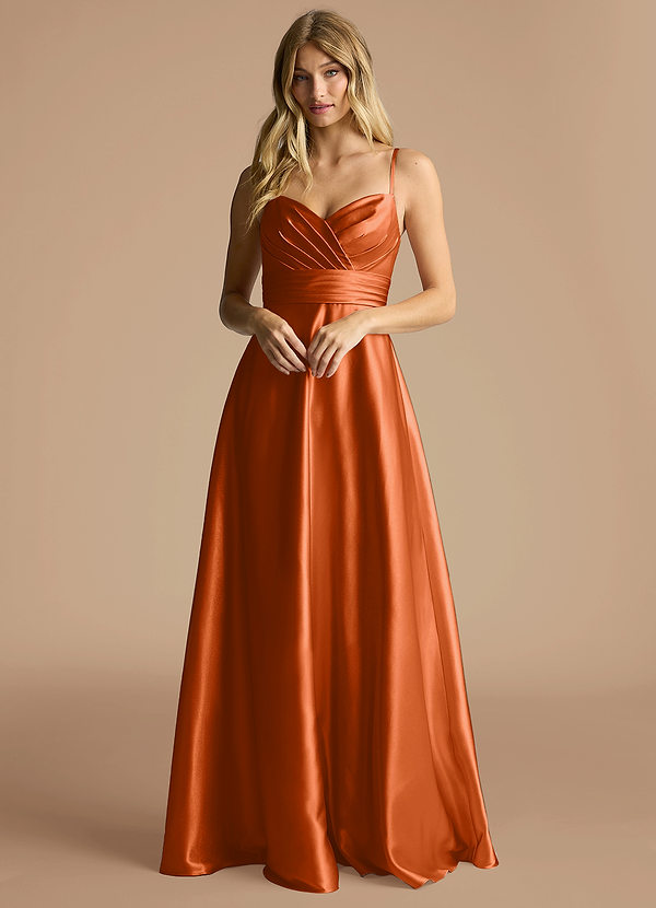 Azazie Oliana Robes Demoiselle d'honneur Robe Trapèze en Satiné métallisé Plissée Orange Brûlée image1