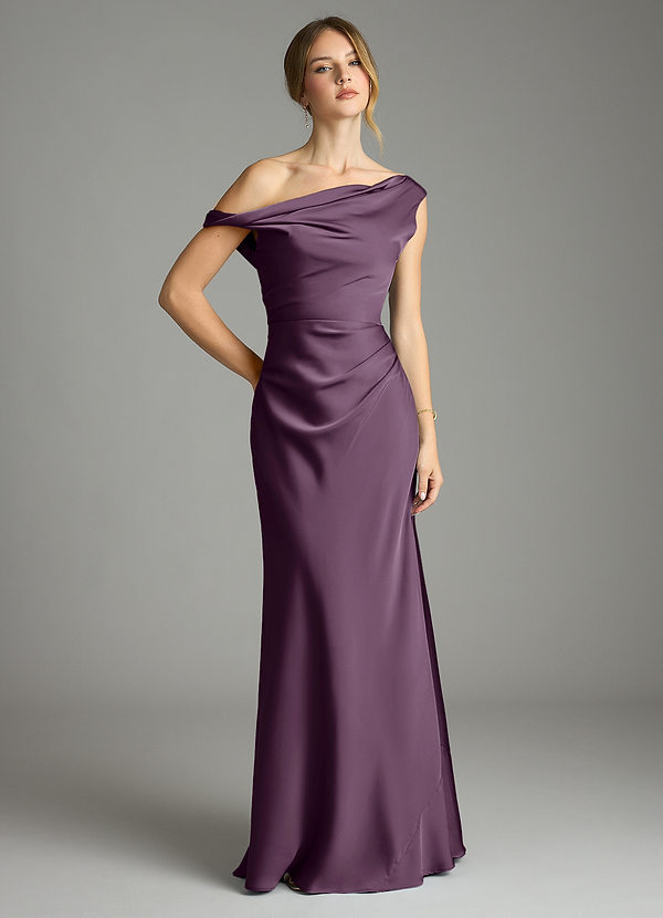 Azazie Emerson Bridesmaid Dresses Plum Mermaid Off the Shoulder Stretch Satin Dress image1