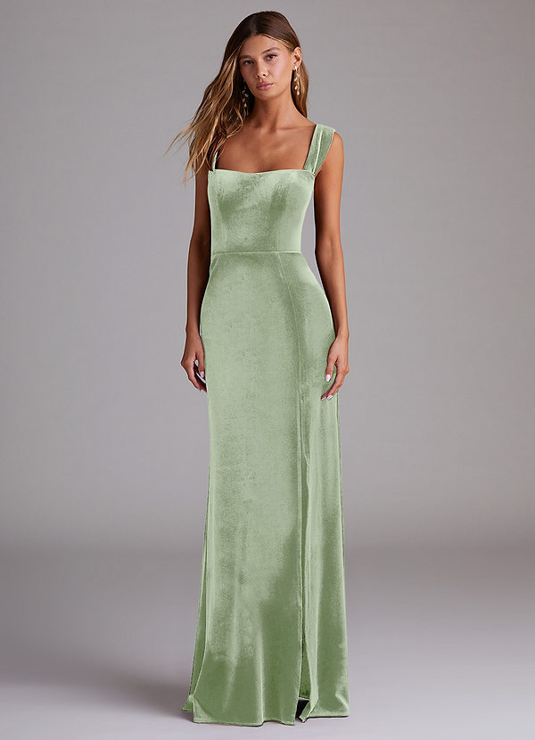 Azazie Junia Bridesmaid Dresses Dusty Sage Sheath Off the Shoulder Velvet Convertible Dress image1