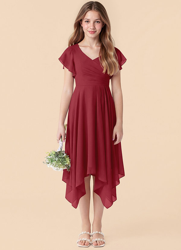 Azazie Janeaurelia Junior Pomegranate A-Line Pleated Chiffon Dress image1