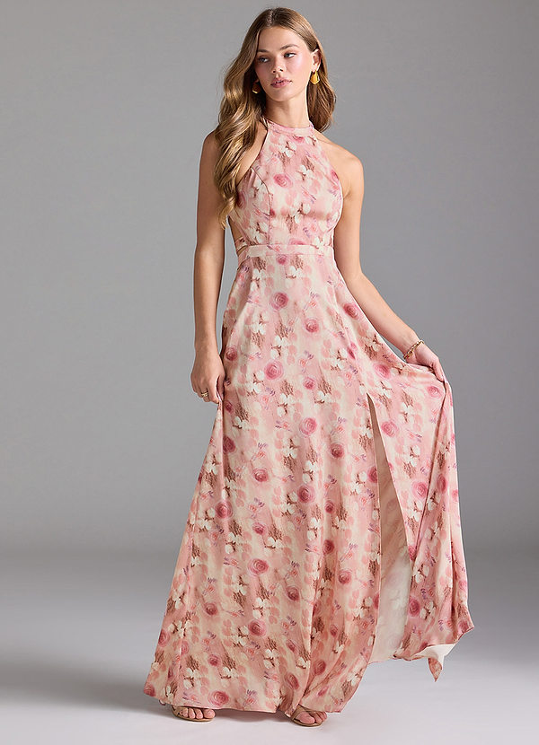 Azazie Clarice Robes Demoiselle d'honneur Robe Trapèze en Satin extensible Col Haut Roses Sages image1
