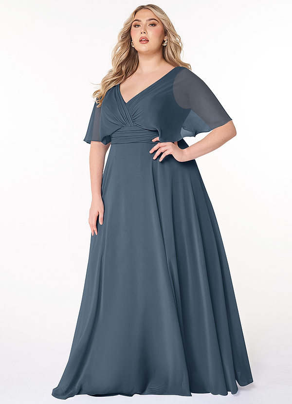 Azazie Pamela Robes Demoiselle d'honneur Robe Trapèze en Mousseline de soie Col V plissé Neptune image1