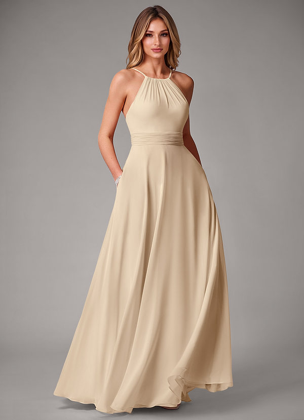 Azazie Amalia Abiti da Damigella Abito A-Line in Chiffon Plissettato Champagne image1