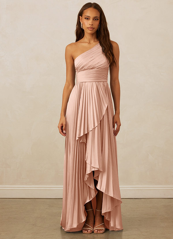 Christian Siriano Bridal for Azazie 1008 Robes Demoiselle d'honneur Robe Trapèze en Satin extensible Ue épaule Or Rose image1