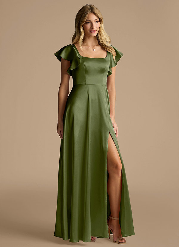 Azazie Bondi Bridesmaid Dresses Olive A-Line Bow Metallic Satin Dress image1