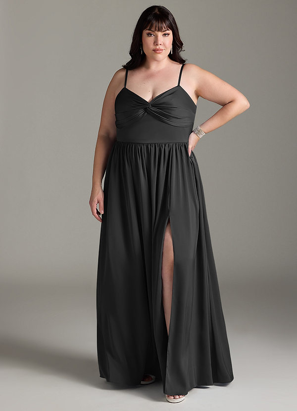 Azazie Zeya Bridesmaid Dresses Black A-Line Pleated Stretch Satin Dress image1