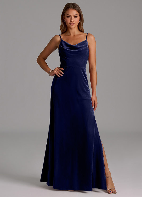 Azazie Olaine Vestidos Dama de Honor Vestido de Azul Marino Oscuro de terciopelo de Corte en A con Plisado image1