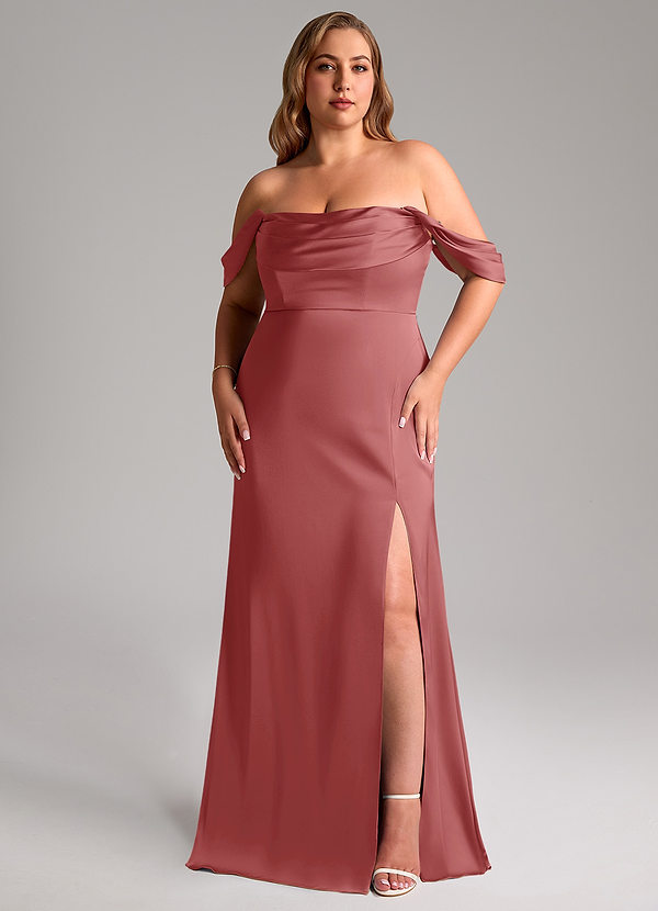 Azazie Saige Robes Demoiselle d'honneur Robe Fourreau en Satin extensible Épaule décolletée Antique Rose image1
