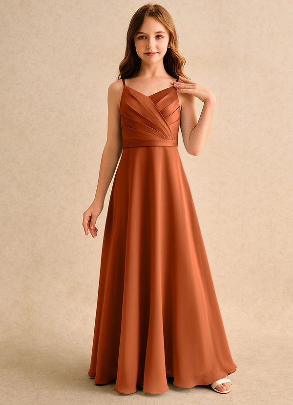 Azazie Umina Girls Formal Bloemenmeisjes Jurken A-Lijn Jurk van Mat Satijn Geplooid Verbrande Sinaasappel image1