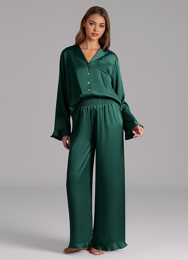 front Emerald Ruffled Satin Long Sleeve Pajama Set