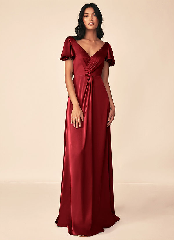 Azazie Soren Bridesmaid Dresses Scarlet A-Line Pleated Stretch Satin Dress image1