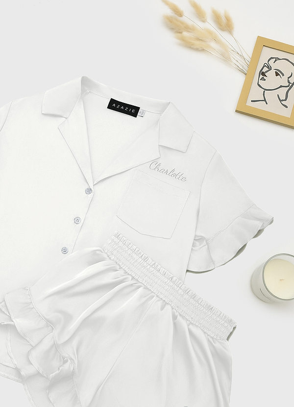 front White Matching Color Personalized Embroidered Name Ruffled Short Sleeve Pajama Set