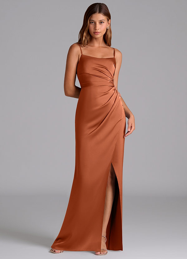 Azazie Calandra Suknie dla druhen Linia A Pofałdowany Satyna elastyczna Do ziemi Sukienka image1