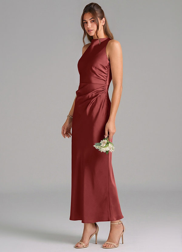 Azazie Evadne Bridesmaid Dresses Terracotta Sheath Pleated Stretch Satin Dress image1