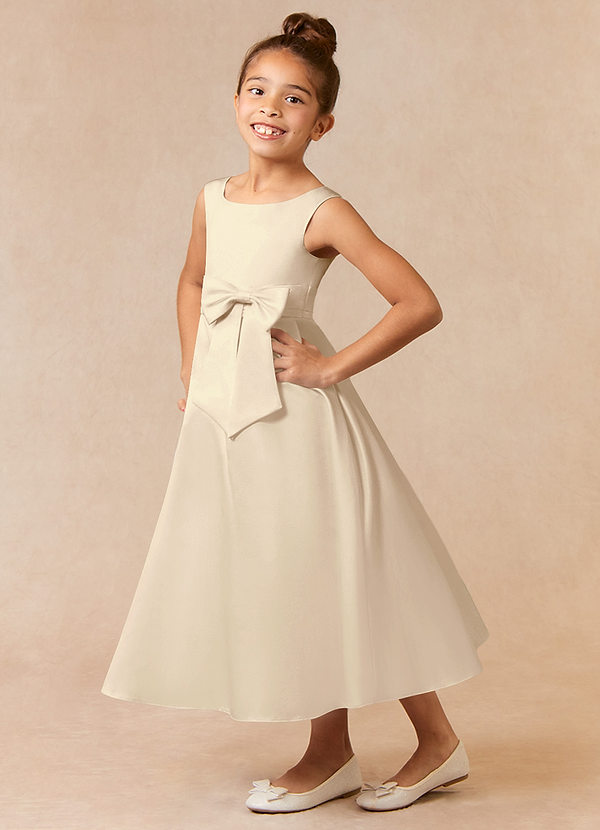 Azazie Lindy Flower Girl Dresses Champagne A-Line Pleated Matte Satin Dress image1