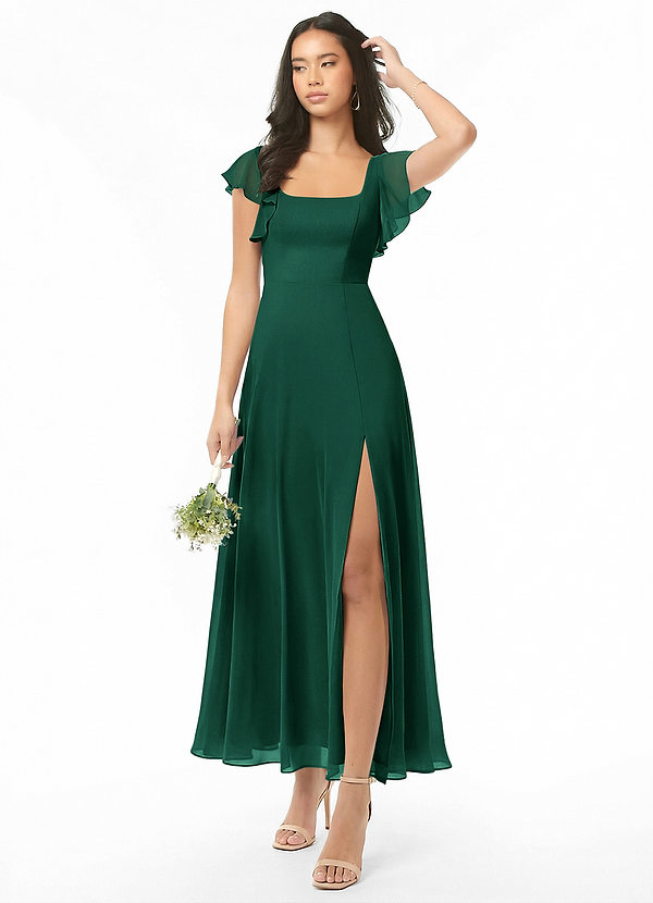 Azazie Bondi Bridesmaid Dresses Emerald A-Line Ruched Chiffon Dress image1