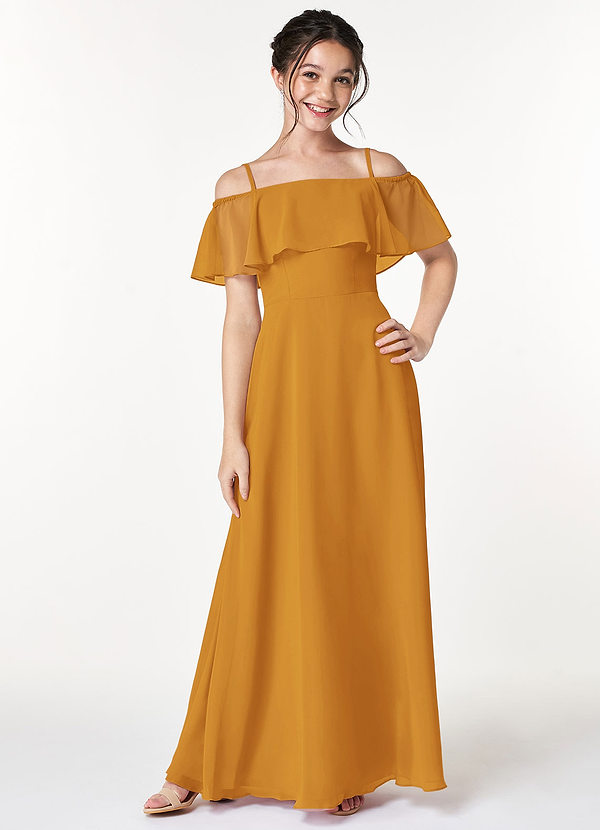 Azazie Maggie Junior Butterscotch A-Line Off the Shoulder Chiffon Dress image1