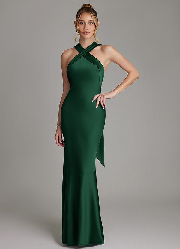 Azazie Reign Bridesmaid Dresses Dark Green Mermaid Pleated Stretch Satin Dress image1