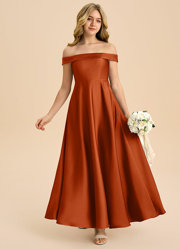 Azazie Sissy Junior Burnt Orange A-Line Off the Shoulder Stretch Satin Dress image1