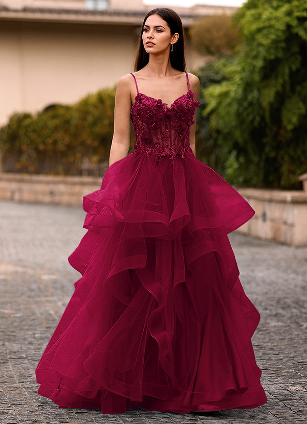 Dreama Burgundy Lace Corset Ruffle Prom Dress image1