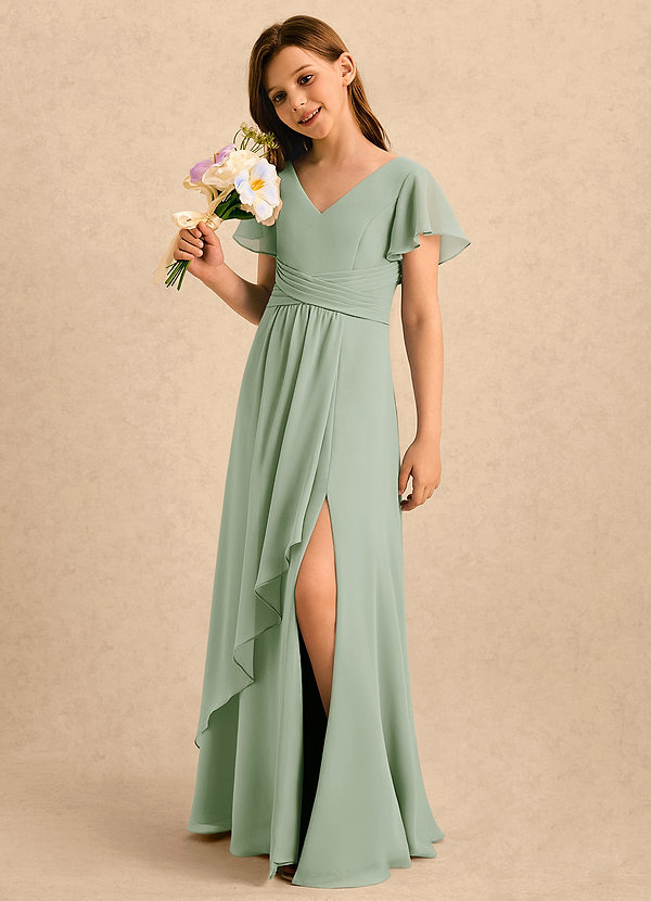 Azazie Lia Girls Formal Blomsterpigekjoler A-Line Plisseret Chiffon Gulv-længde Kjole image1