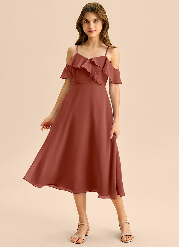 Azazie Kamilla Junior Abito A-Line in Chiffon a Spalla Scoperta Auburn image1