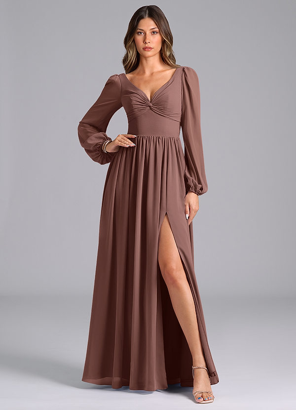 Azazie Teri Bridesmaid Dresses Espresso A-Line Long Sleeve Chiffon Dress image1