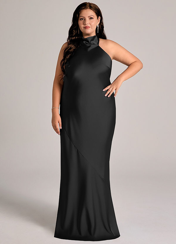 Azazie Velli Bridesmaid Dresses Black Mermaid High Neck Stretch Satin Dress image1