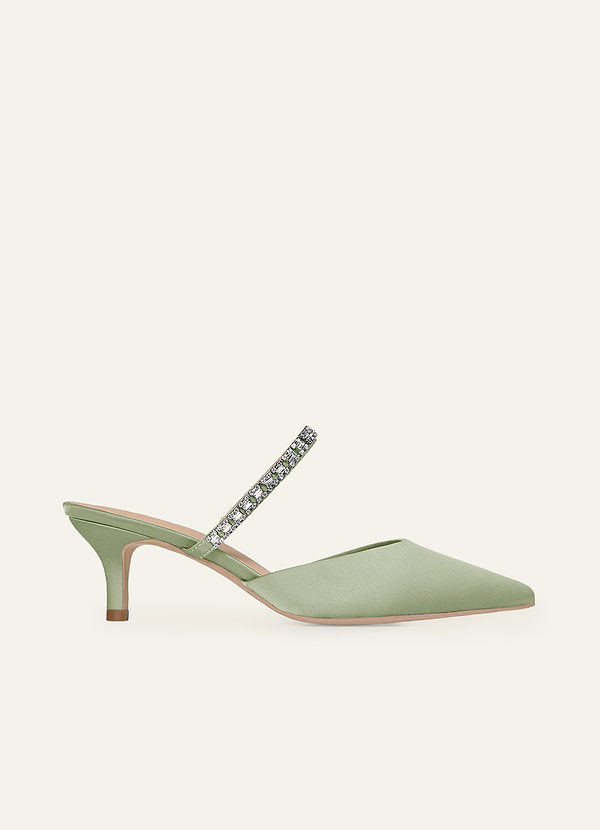 front Matching Color Stretch Satin Rhinestone Slip-on Kitten Heels