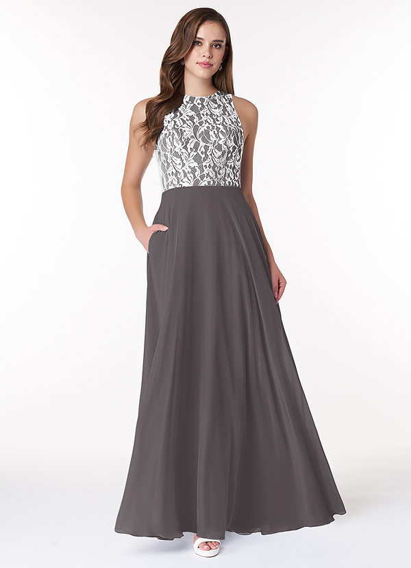 Azazie Kate Bridesmaid Dresses Steel Grey A-Line Lace Chiffon Dress image1