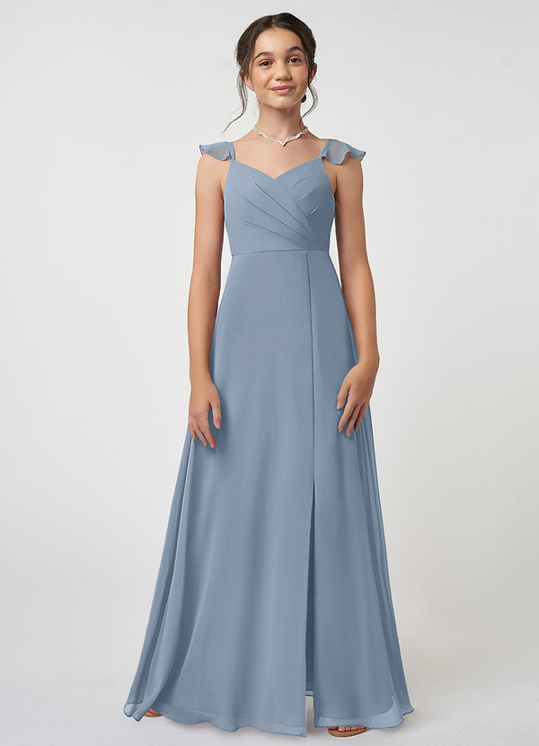 Azazie Amada Junior Dusty Blue A-Line Ruched Chiffon Dress image1