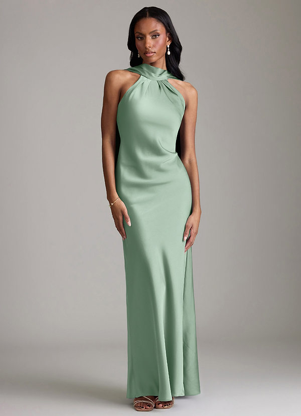 Azazie Cassiana Bruidsmeisjes Jurken Jurk van Stretch Satijn met Zeemeermin Geplooid Agave image1