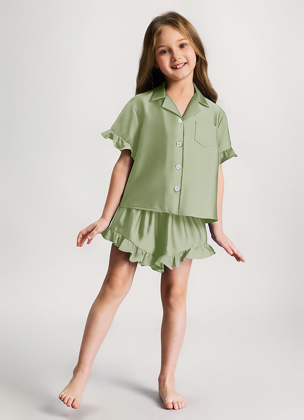 front Dusty Sage Conjunto de pijama infantil com babados e mangas curtas