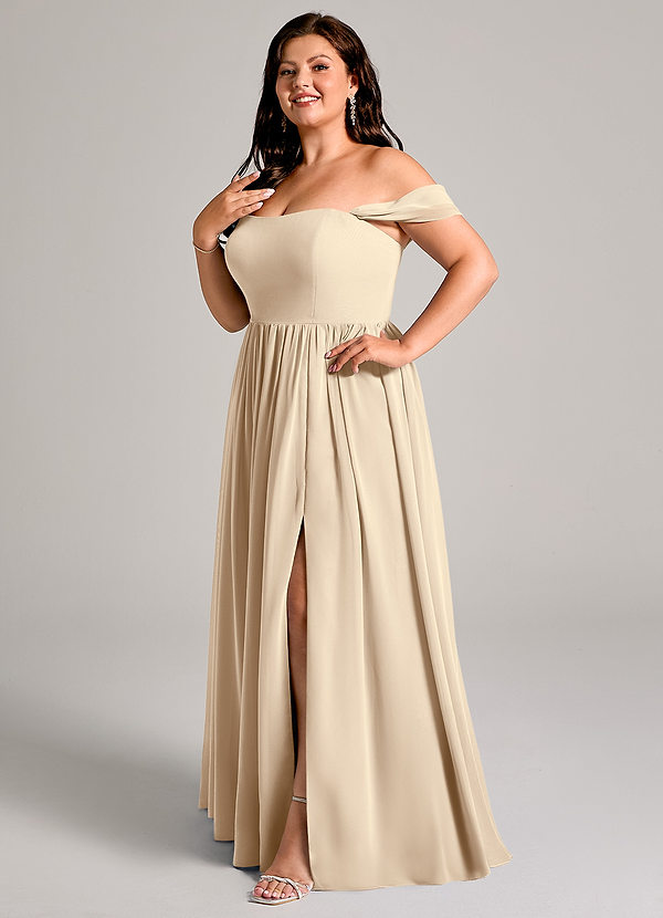 Azazie Calianna Bridesmaid Dresses Champagne A-Line Off the Shoulder Chiffon Convertible Dress image1