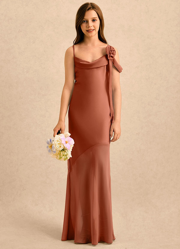 Azazie Kai Girls Formal Sukienki dla dziewczynek sypiących kwiaty Osłona Pofałdowany Satyna elastyczna Długość podłogi Sukienka image1