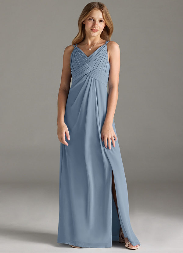 Azazie Maren Allure Junior Vestido de Azul Polvoriento de Gasa de Corte En A con Encaje image1