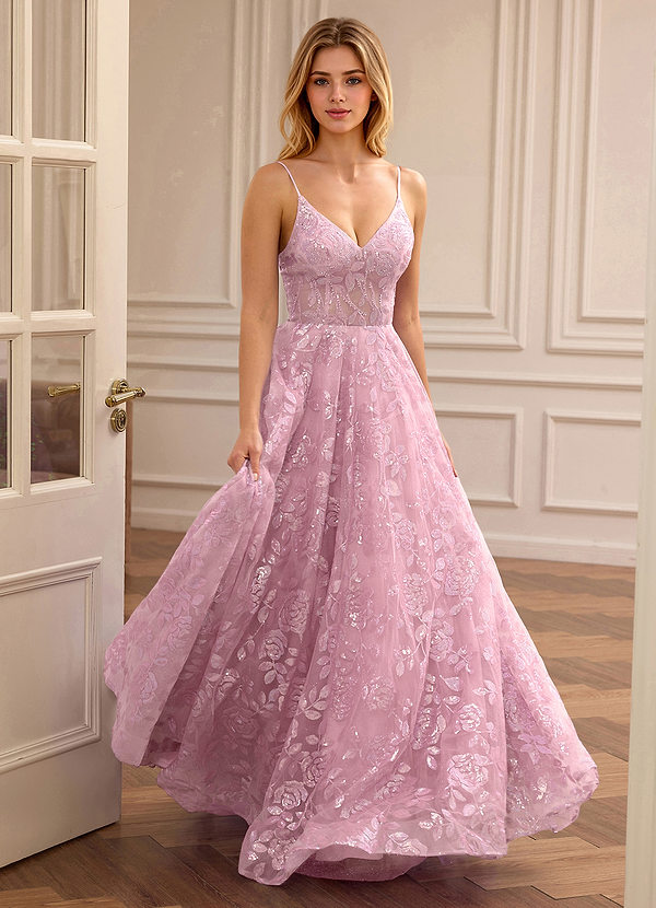 Juliette Pink V-neck A-line Sequin Embroidery Floral Prom Dress image1