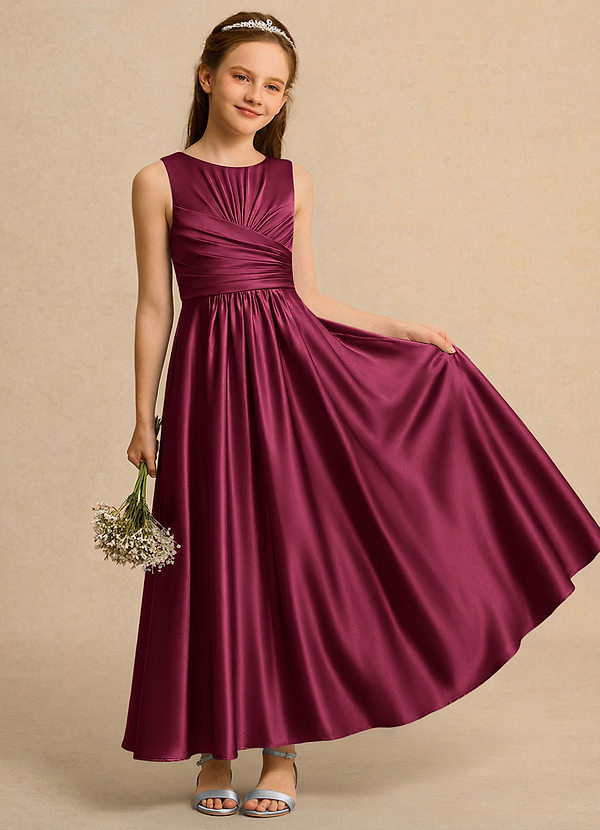 Azazie Ducky Girls Formal Flower Girl Dresses Burgundy A-Line Pleated Stretch Satin Dress image1