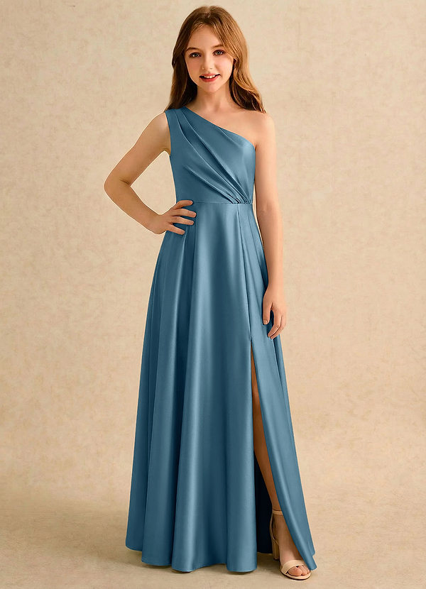 Azazie Puddles Girls Formal Robes de Fillette d'Honneur Robe Trapèze en Satin extensible Une épaule Bermude image1