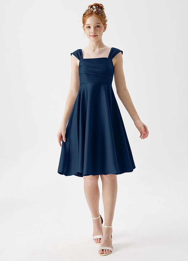 Azazie Amira Junior Dark Navy A-Line Pleated Stretch Satin Dress image1
