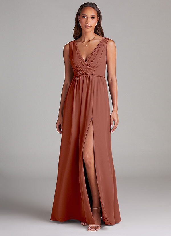 Azazie Tanicia Bridesmaid Dresses Auburn A-Line Pleated Chiffon Dress image1