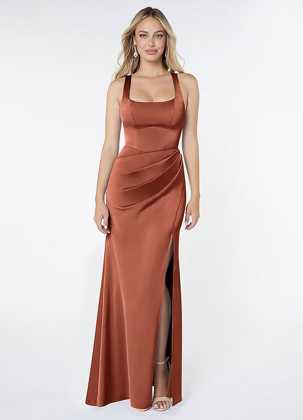 Azazie Mero Bridesmaid Dresses Clay Sheath Pleated Stretch Satin Dress image1